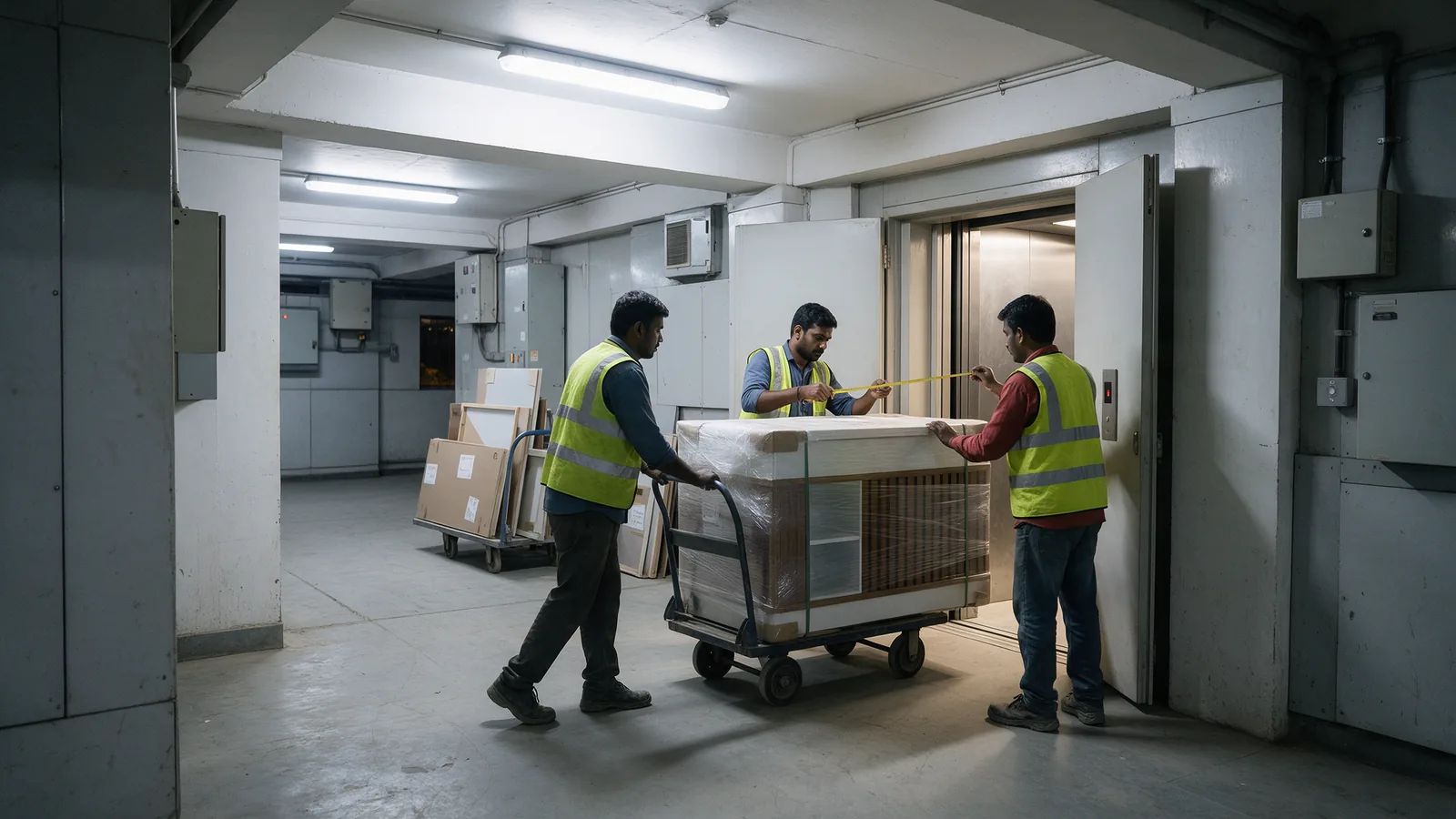 Installers measuring a mall goods-lift door before wheeling in a wrapped restaurant counter module